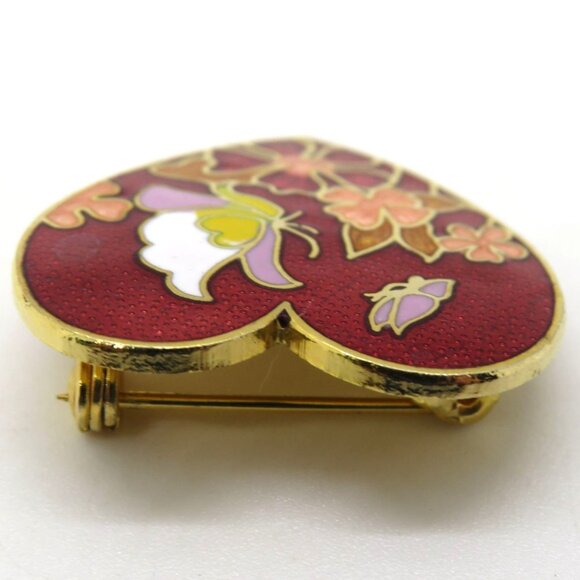 Cloisonne Brooch Heart Shaped Floral Enamel 1" Pin Butterfly Red Gold Tone - Picture 5 of 8